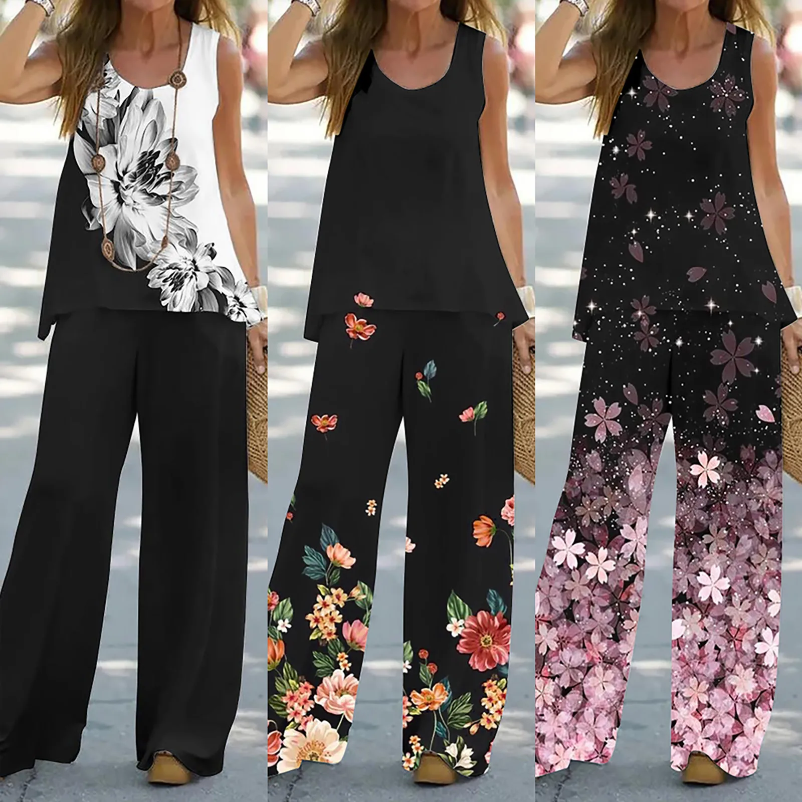 Summer Women Floral Print Round Neck Sleeveless Tank Top & Wide Leg Pants Set Causal Streetwear New In Suit 2023 y2k Clothes