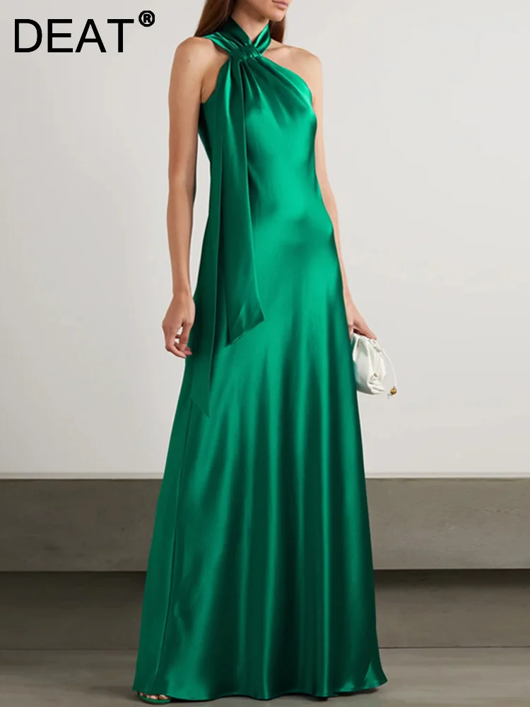 

[DEAT] Women's Evening Dress Neck-mounted Cross Backless Stain Sleeveless Fashion Party Female Dresses Summer 2023 New 13DA3929