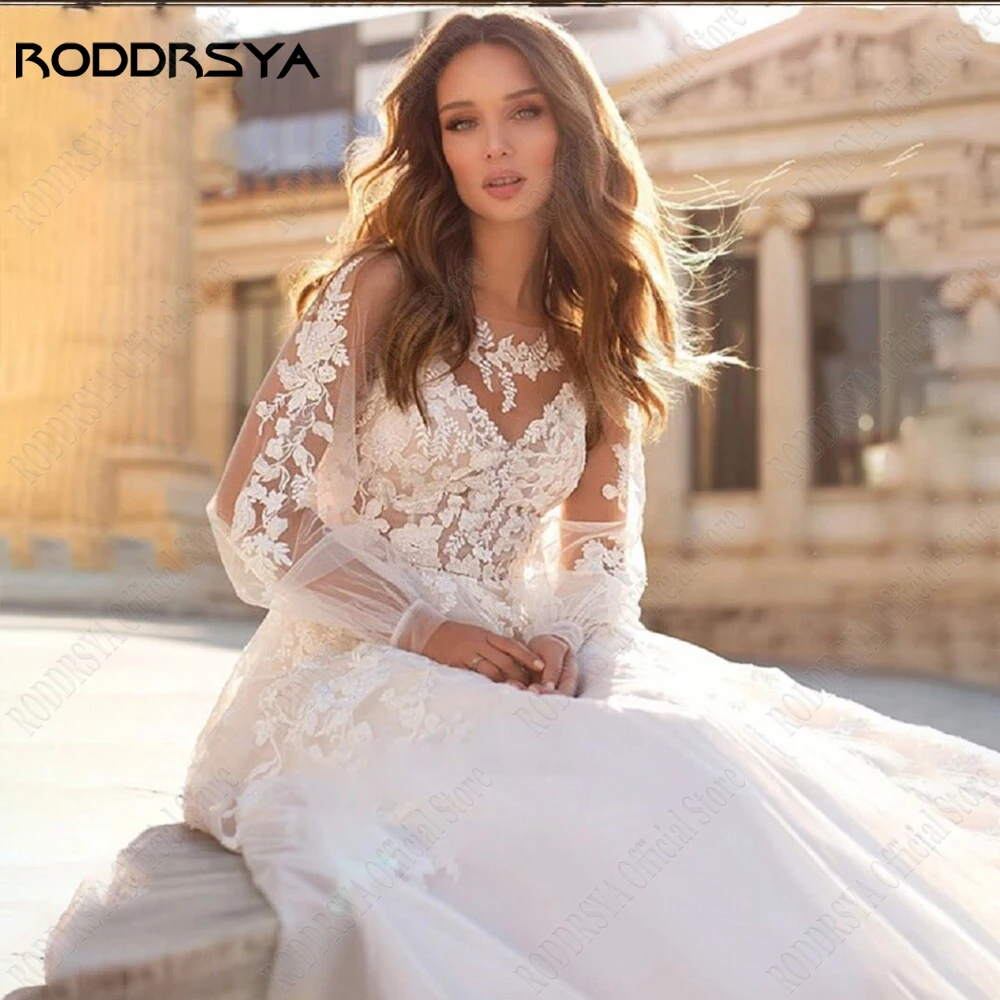 

RODDRSYA Exquisite Light Champagne Wedding Dresses O-Neck Tulle Zipper Back Bride Gowns Lace Applique A-Line vestido de noiva