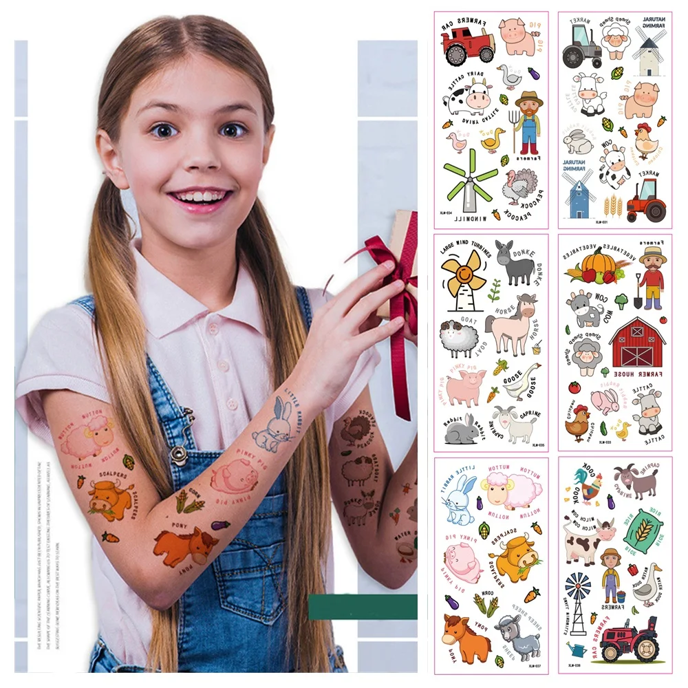 

10 Kinds Farm Topic Temporary Tattoos Farmer Cattle Sheep Windmill House Tractor Animals Disposable Waterproof Face Arm Stickers