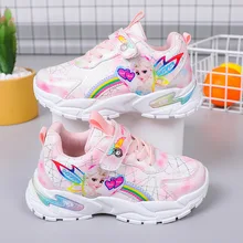 Disney Girls Shoes Autumn Winter Frozen Children's Sneakers Breathable Mesh Kids Running Shoes Leather Top Student Sports Shoes 