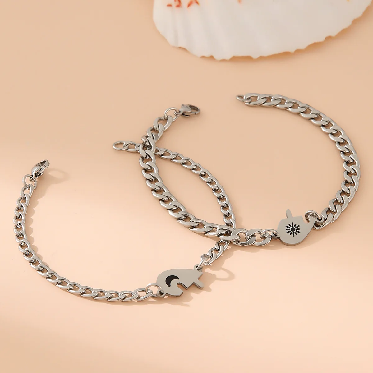 2pcs/set Stainless steel Embossed Puzzle Sun and Moon Pendant Couple Bracelet for Men Women Jewelry Accessories