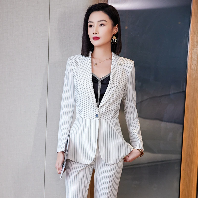 2023 Spring Formal Ladies Korean Women Stripe Blazer Business Suits with Sets Work Wear Office Uniform Pants Jacket 2 Piece Set