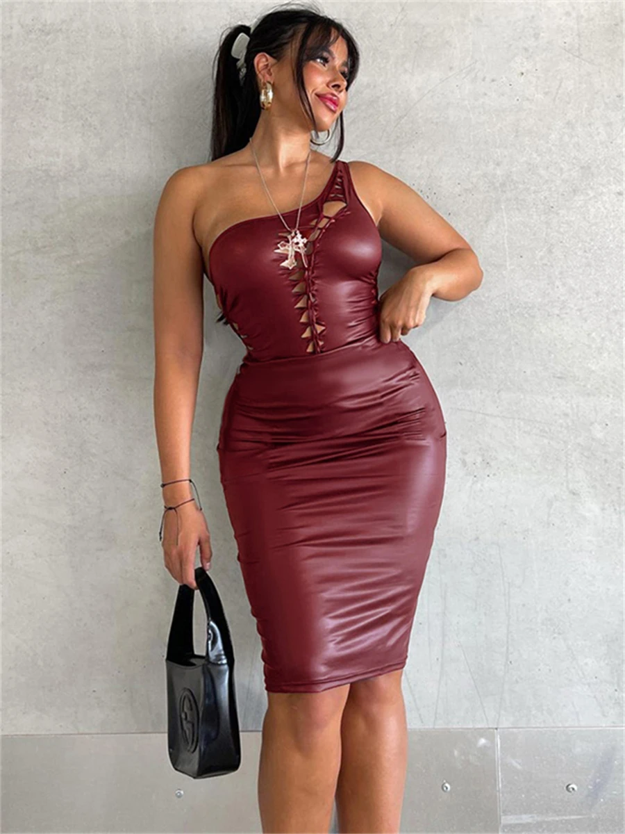

wsevypo Sexy PU Bodycon Mini Dress for Party Club Women Sleeveless One-shoulder Straps Hollowed Wrapped Short Dress Streetwear