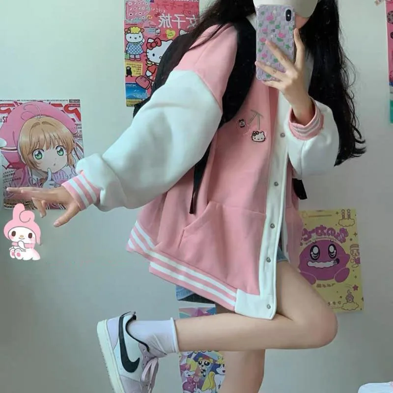 

Spring Autumn Hellokitty Sanrio Kawaii Anime Baseball Uniform Loose Version Patchwork Color Matching Coat Cute Jacket Girls Toys