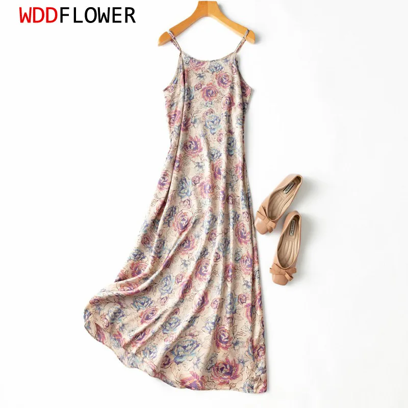 

Женское атласное платье-миди, бежевое длинное пляжное платье из шелка тутового шелкопряда с цветочным принтом, 16 momme, лето 100%