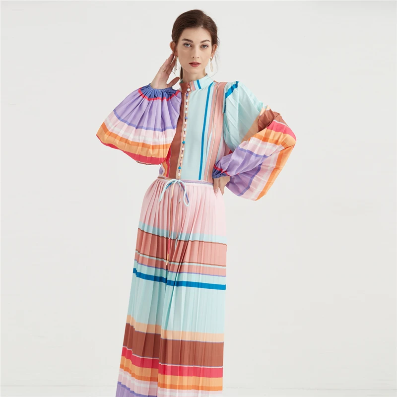 

2022 spring new round neck cotton and linen rainbow stitching long-sleeved dress women's fashion printing high waistcasual dress
