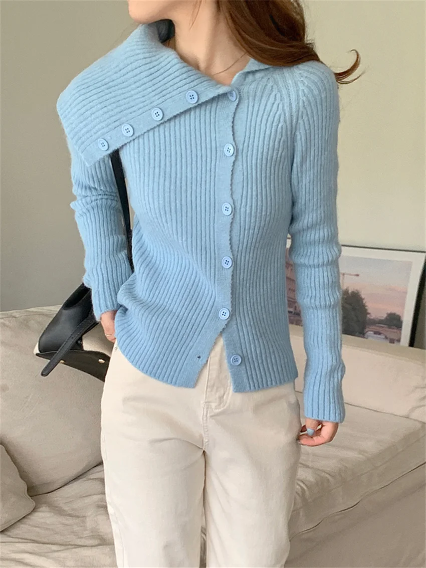 Женский трикотажный кардиган с косым воротником Alien Kitty Элегантный Теплый