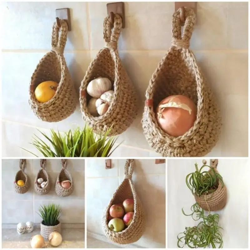 

Hanging Wall Vegetable Fruit Baskets Jute Hanging Basket Bohemian Handwoven Wall Mount Fruit Or Veggie Basket For Kitchen