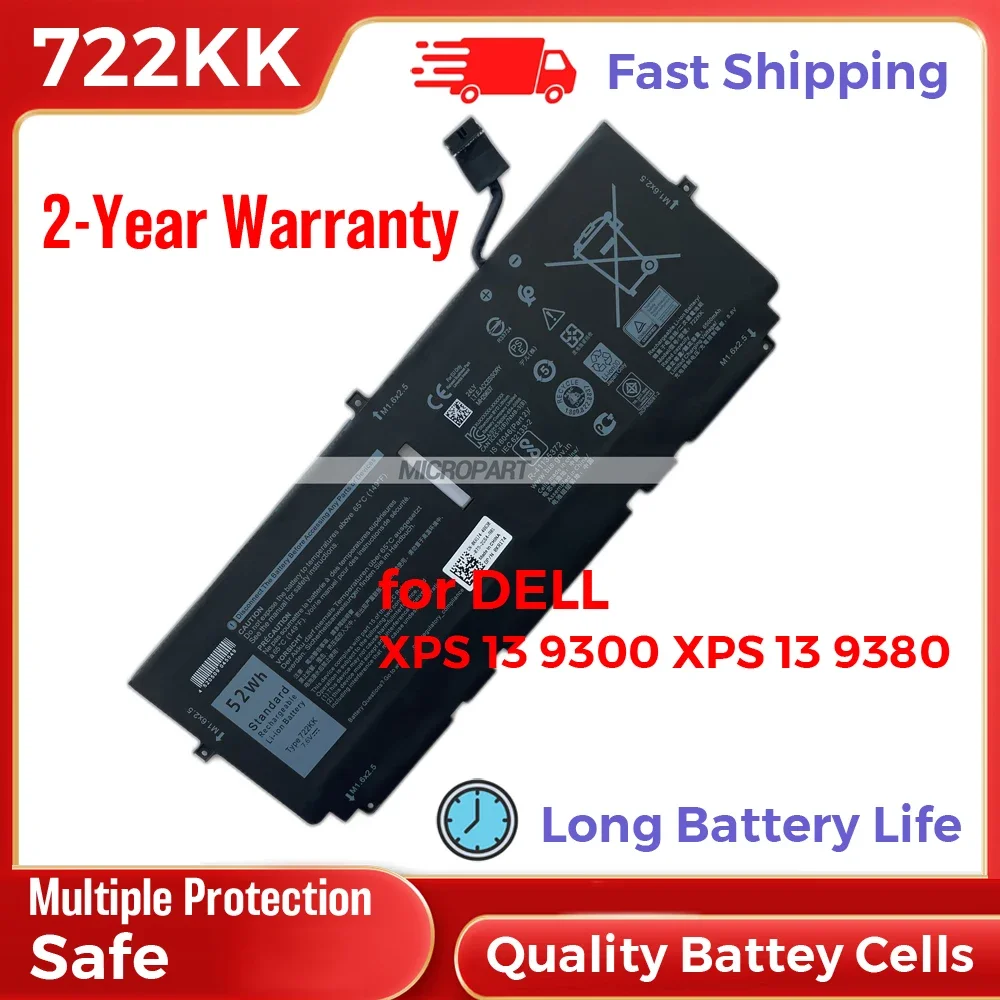 Запасной резервный аккумулятор 52Wh 722KK для ноутбука Dell XPS 13 9300 9380 7 6 В длительный