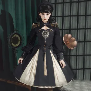 Vintage Lolita Dress Retro Tweed Dark Military Lolita Dress Long Sleeve Hollow Chinese Style Lolita Black Tassel Dress
