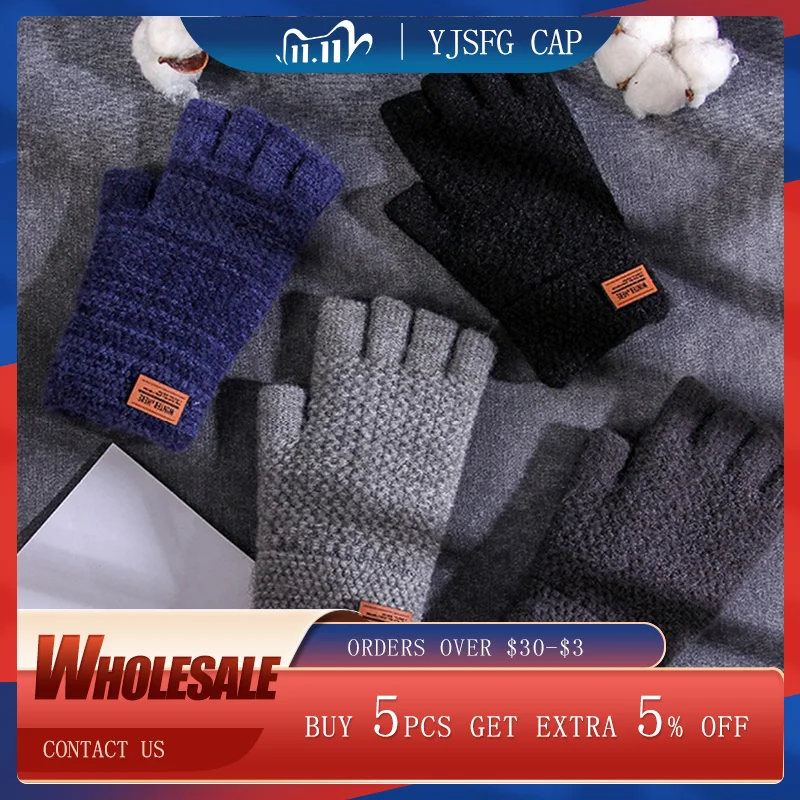 

Men Half Finger Knitting Gloves For Men Stretch Men Fingerless Mittens Winter Outdoor Leather Label Thick Warm Driving Gloves