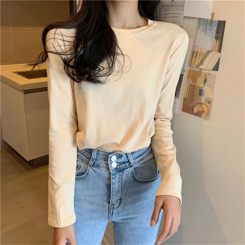

MOYUNI cute Cotton Elastic T-Shirts Women Full Sleeve Outwear New Slim Fashion 2022 Autumn Office Lady Streetwear Casual Tees