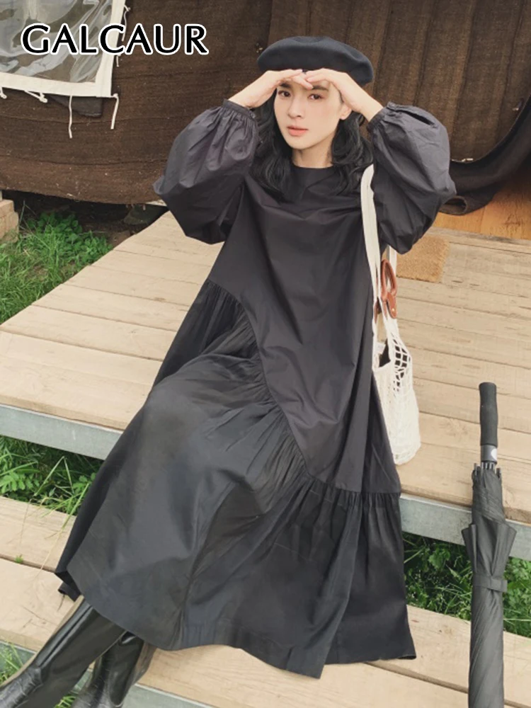 

GALCAUR Casual Women Dress O Neck Lantern Long Sleeve High Waist Ruched Minimailst Dresses Female Fashion 2022Spring Clothing