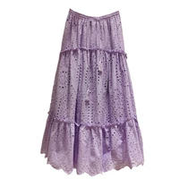 plain a line ankle length print ethnic womens skirt light purple embroidered hollow literary lace up ladies high waist skirts