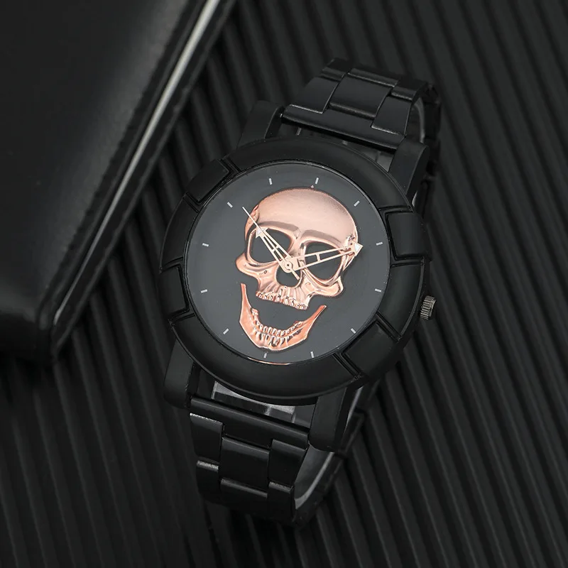 

Black Gold Dial Quartz Watch Men 3D Skull Head Pattern Stainless Steel Steampunk Rock Engraved Cool Mexico Man Male reloj hombre