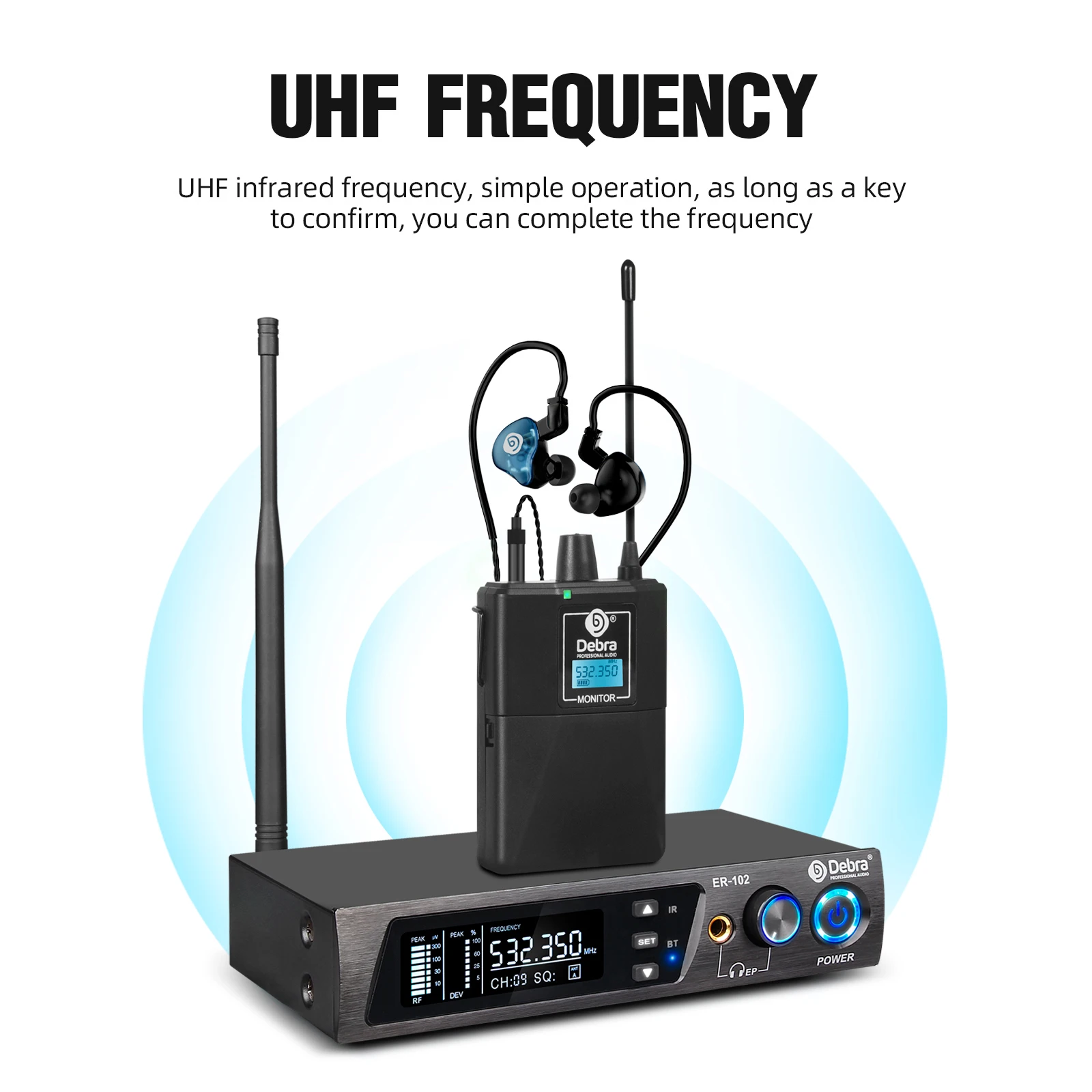Фото Профессиональная беспроводная система Debra ER-102 UHF IEM для сценического мониторинга с несколькими передатчиками для выступлений на небольших сценах №2