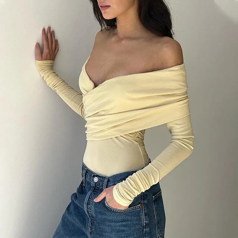 Модное однотонное Плиссированное боди в простом стиле облегающее с длинным