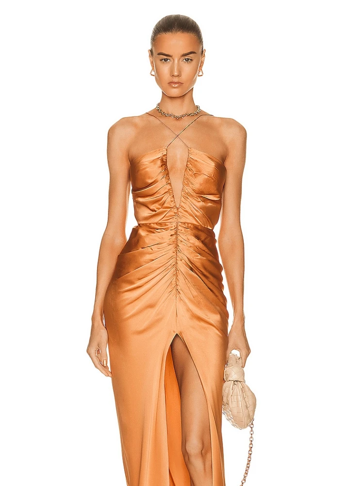 

Sexy Spaghetti Strap Ruched High Split Slim Midi Dress Elegant Sleeveless Folds Backless Bodycon Dress Celebrity Party Club Dres