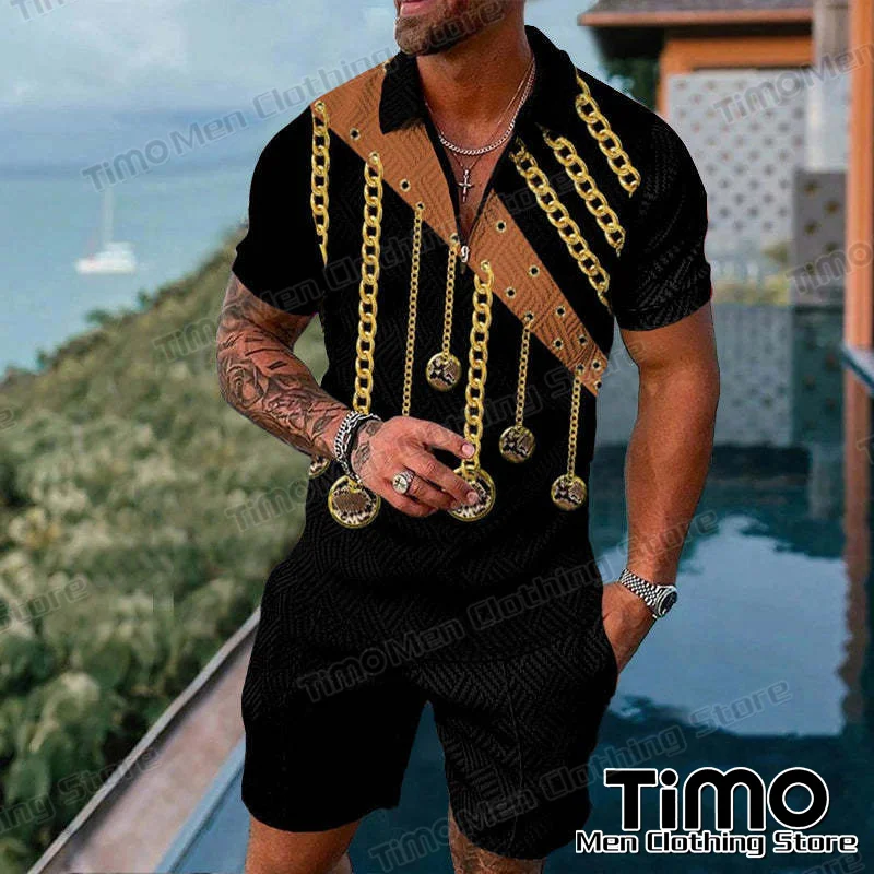 Men's Polo Neck Set New Vintage Printed T-shirt+Shorts 2 Piece Set Fashion Casual Shopping Social Travel Men Polo Shirt Suit