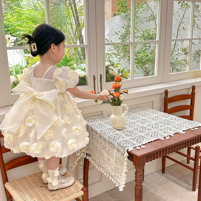 

2023 Summer Girls Dress Short Sleeve Floral Princess Dress for Girls Birthday Party Children Tutu Dresses Kids Clothes