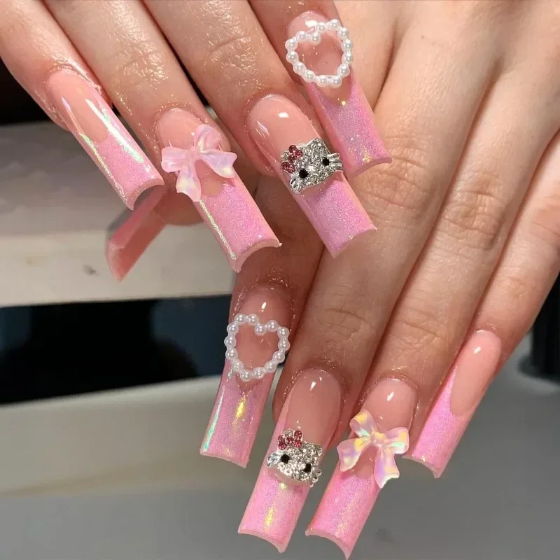 24 шт. Sanrio Hello Kitty с розовым бантом накладные ногти мультяшным аниме милый KT Cat