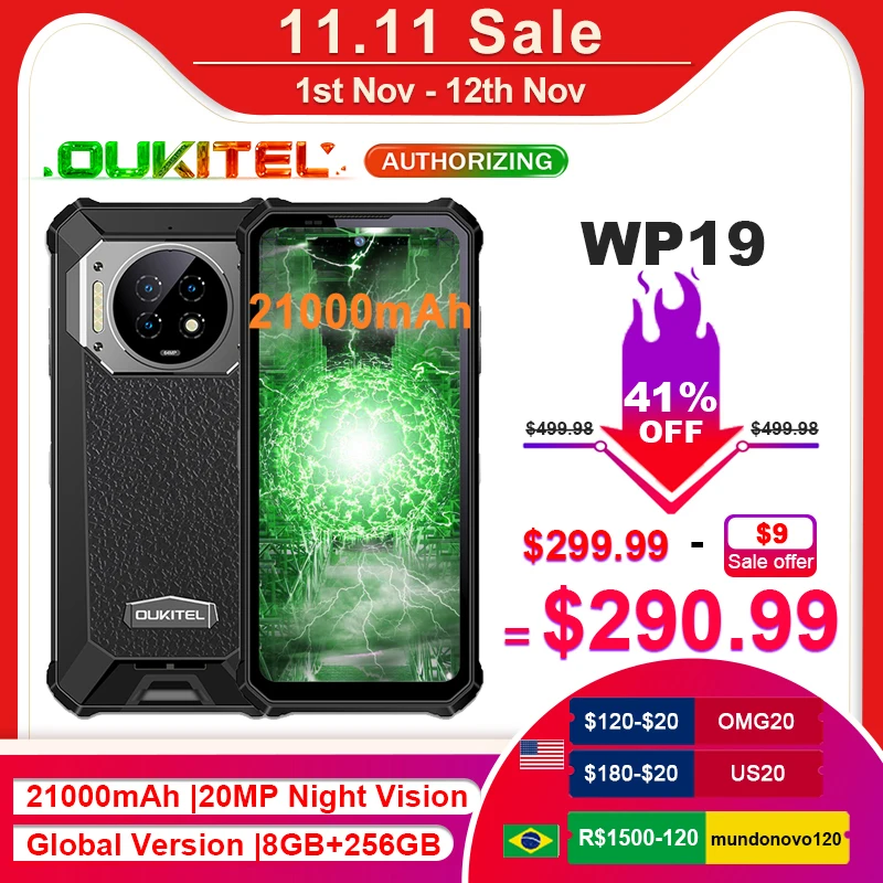 Tanie OUKITEL WP19 21000mAh Wytrzymała 6.78 ''FHD + 8GB + 256GB 64MP Potrójna 20MP Kamera Noktowizyjna Telefon Komórkowy