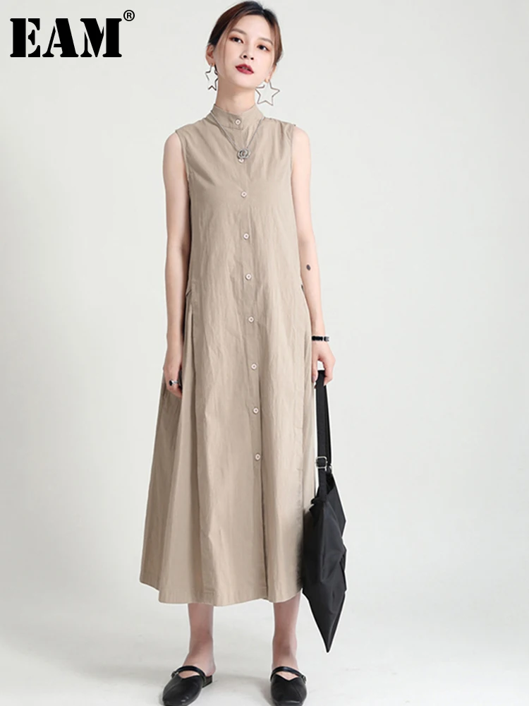 

Женское плиссированное платье EAM, длинное платье-рубашка цвета хаки с воротником-стойкой, без рукавов, свободного покроя, весна-лето 2022, 1DD8681