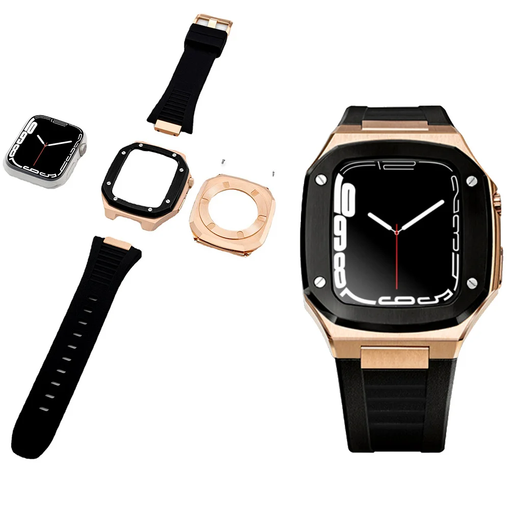 Apple Classic Rose Gold Watch Case, Apple Watch 41mm 44mm 45 mm 7/8/SE Generation Modified Stainless Steel Protective Case Strap
