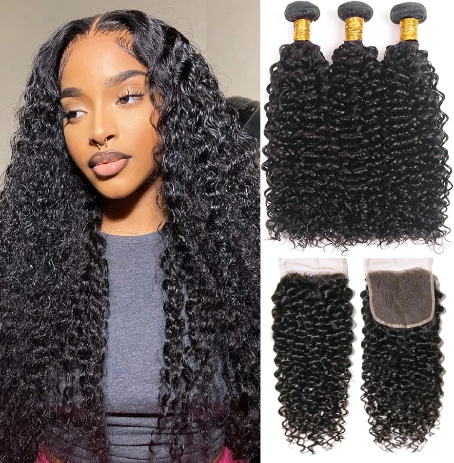 Malaysian Kinky Curly Bundles With Closure For bBack Women Human Hair Bundles With Closure Afro Kinky Curly Bundles With Closure