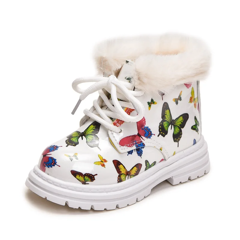Girls' Boots 2024 Winter New Butterfly Print Baby Short Fashion Thicken Plush Children Ankle Warm Kids Cotton Shoes