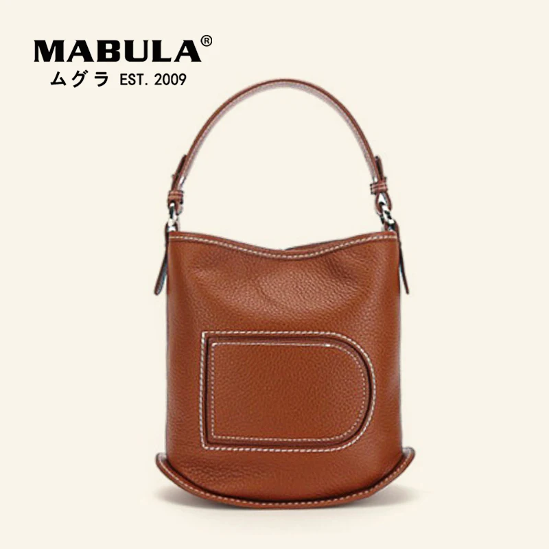 MABULA Luxury Design Genuine Leather Women Handbag Simple Vintage Shoulder Bag Small Bucket Tote High Quality Crossbody Bag