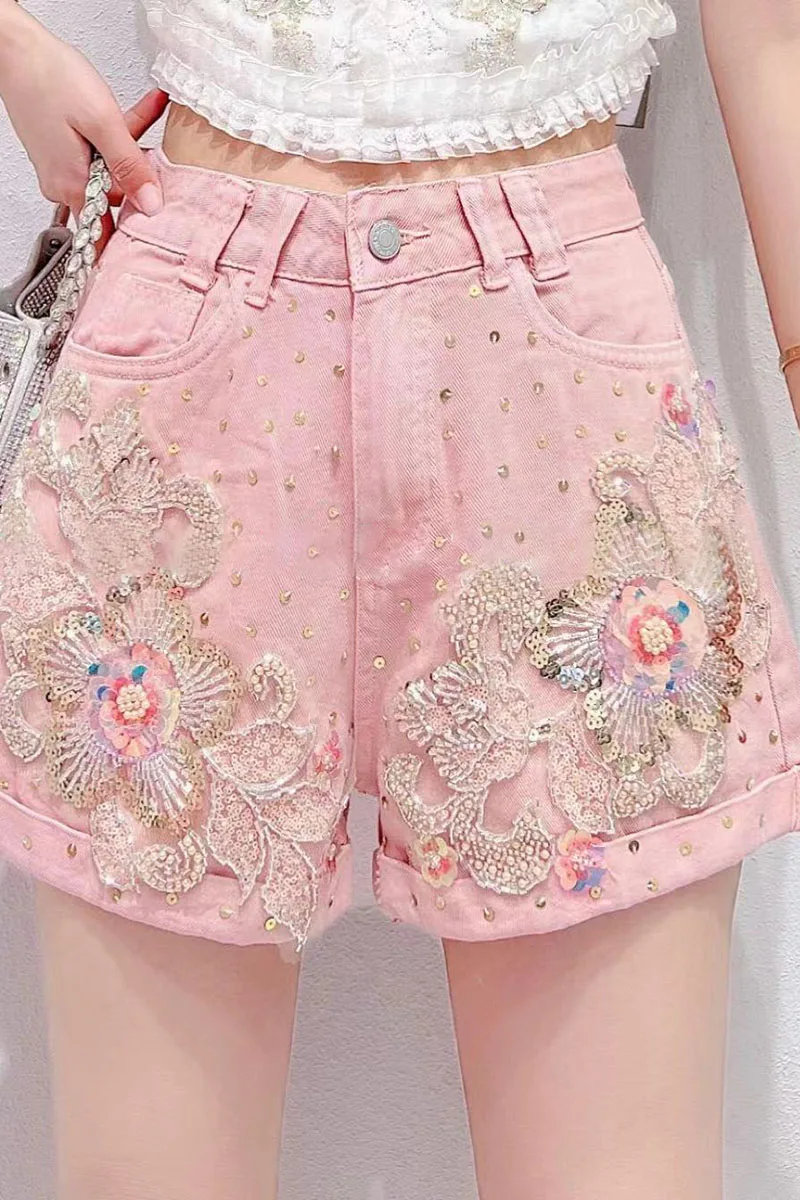French Style Heavy Industry Beads Flower Denim Shorts Female Summer New Loose High Waist Slimming A-line Wide-Leg Hot Short Pant