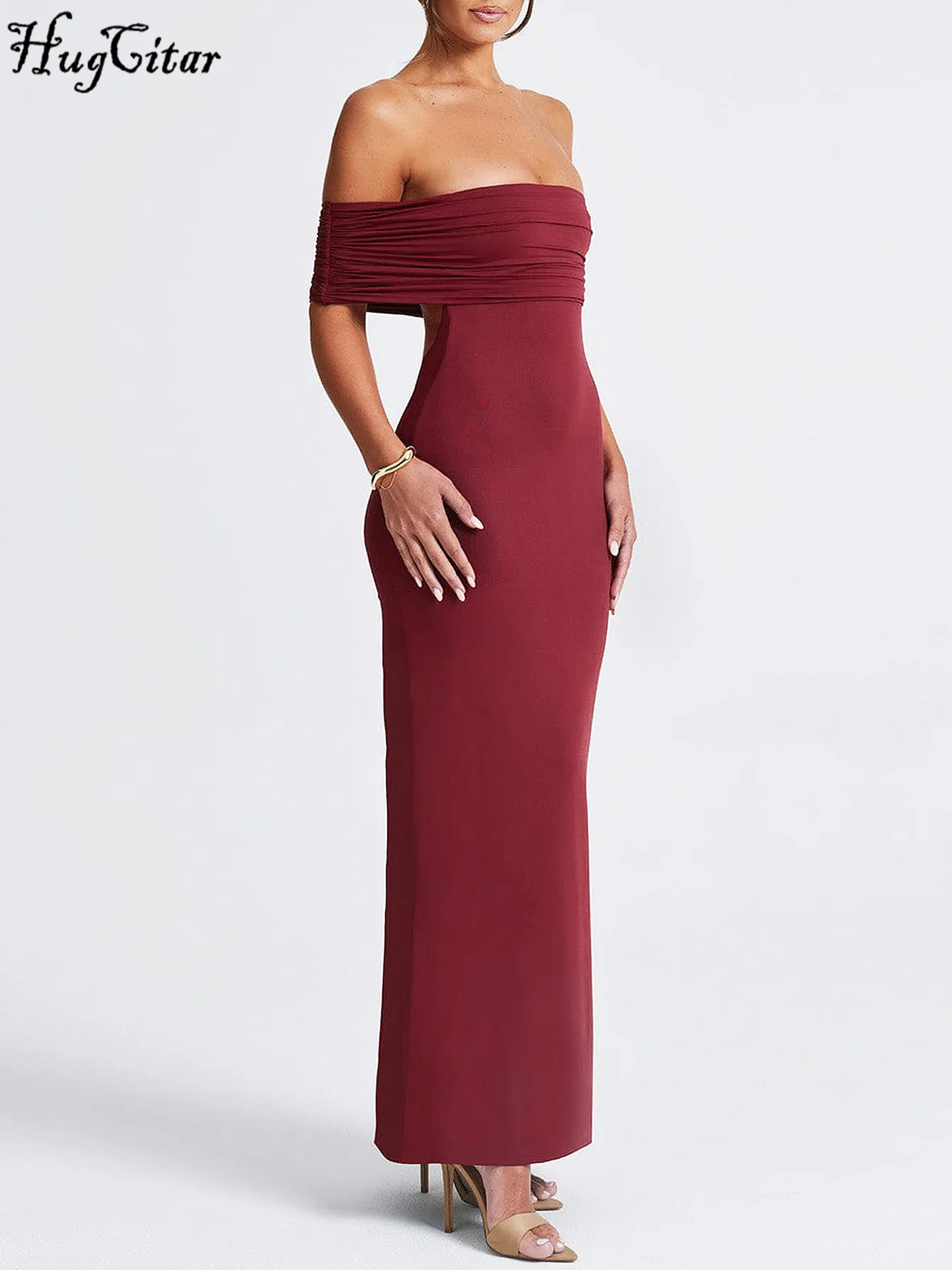 Женское платье-макси без рукавов с открытой спиной и вырезом-лодочкой