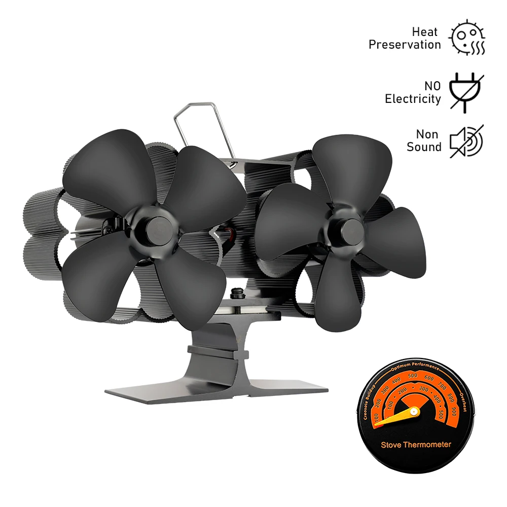 

Double Head 4 Blade Fireplace Fan Black Aluminum Ecological Double Head 8-Bwood Burner Household Fan Efficient Heat Distribution