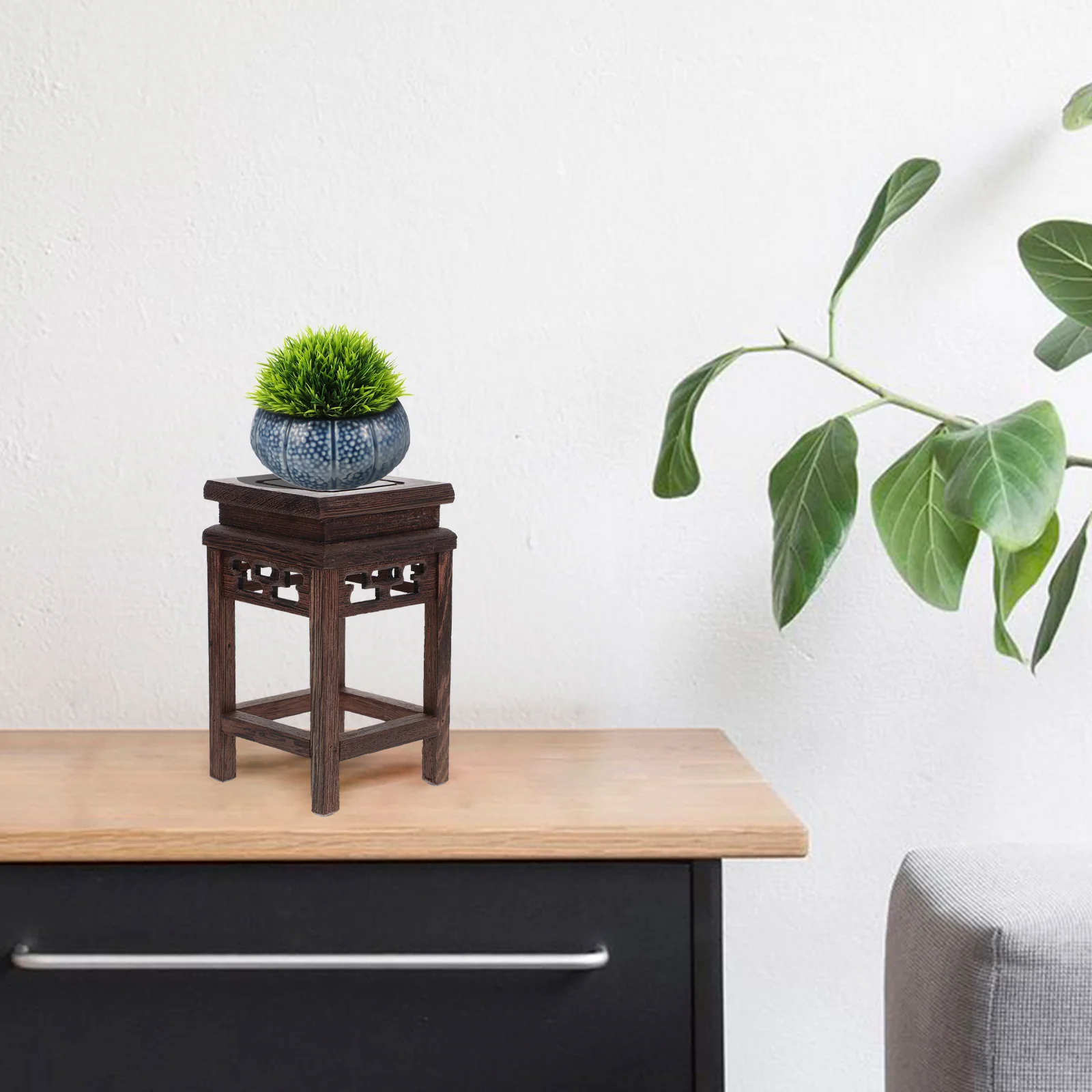 

Base Potted Stand Stools Holder Desktop Ornament Wooden Storage Rack Vases Decor