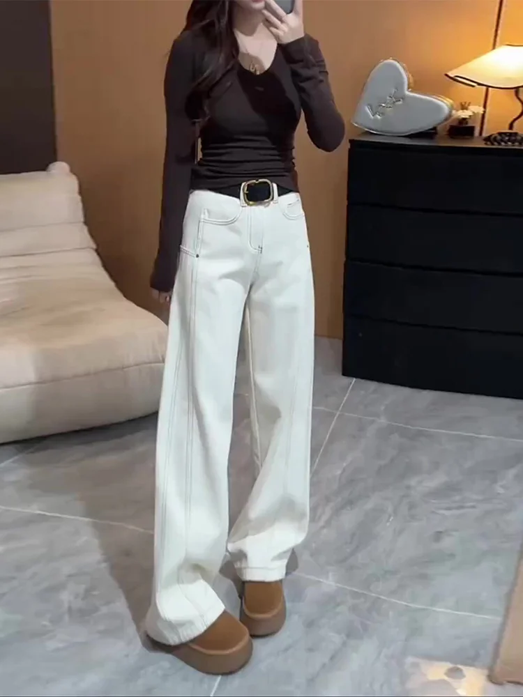 Белые прямые джинсы больших размеров женские осень-зима 2023 популярные