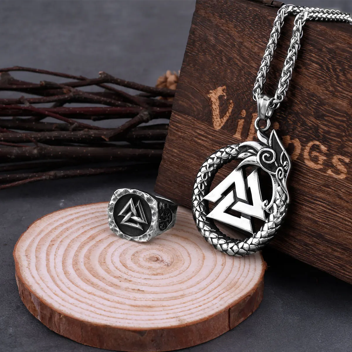 Фото Vikings Never Fade Self-Devourer Ouroboros Valknut Rune Amulet Necklace Men's Dragon Stainless Steel Pendant Jewelry As Gift №1
