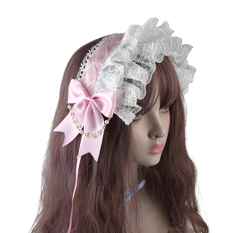 

Sweet Lolita Bowknot Maid Headdress Ruffled Lace Headpiece Headband Women Girls Japanese Style Crisscross Ribbon Pearls Beaded