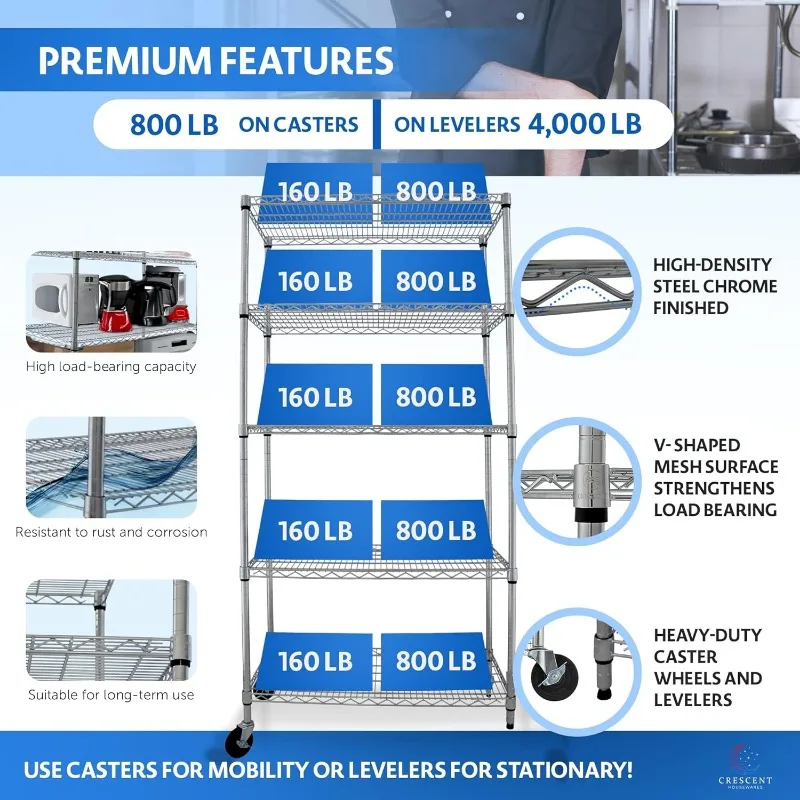 Полумесяц хром 36 x 18 76 4000 фунтов металлические полки для хранения с колесами