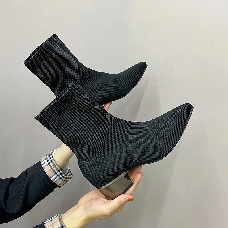 Women's Dress Pointed Mid-heeled Short Ankle Boot Female Autumn 2021 2022 Knitted Block Low Heel High Socks Boots Shoes Botines