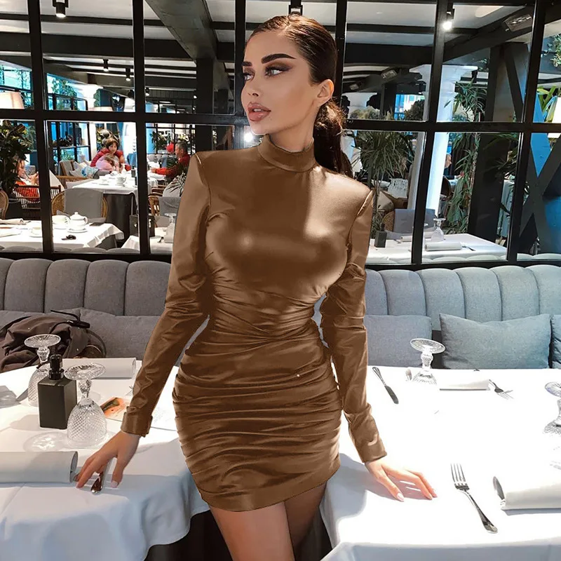 Women'S Mini Dress With Slim Synthetic Leather Sexy Dress Stand Collar Tight Bandage Club Party Dress