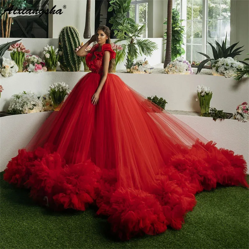 

Aixiangsha Red Tulle Formal Prom Dresses Ruched Tiered V-Neck A-Line Evening Dress Pageant Ruffles Wedding Princess Party Gowns