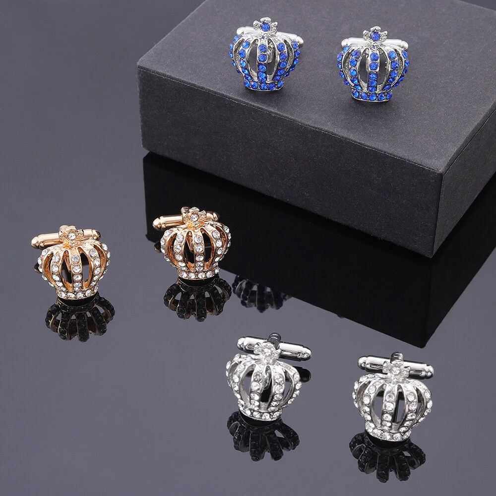 Запонки короны рождественские подарки, классные золотые, серебряные, синие кристаллы, манжеты для женщин, свадебные мужские, пуговицы для вечеринки 3D Полые ювелирные изделия
