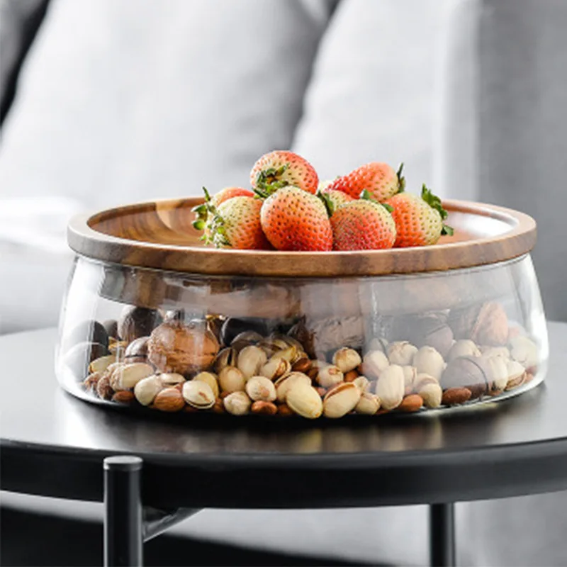 

European-style wooden high-grade fruit tray double glass dried fruit melon nut tray candy storage box glass containers food