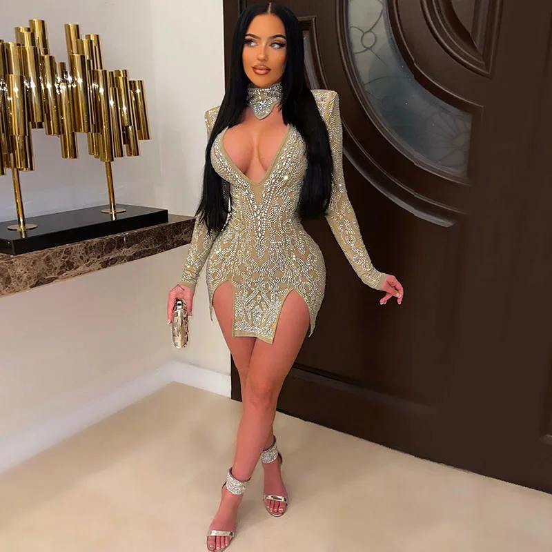 

Sexy Rhinestone Sparkly Birthday Dress for Women Party Night Club Outfits Elegant Side Slit Long Sleeve Bodycon Mini Dresses