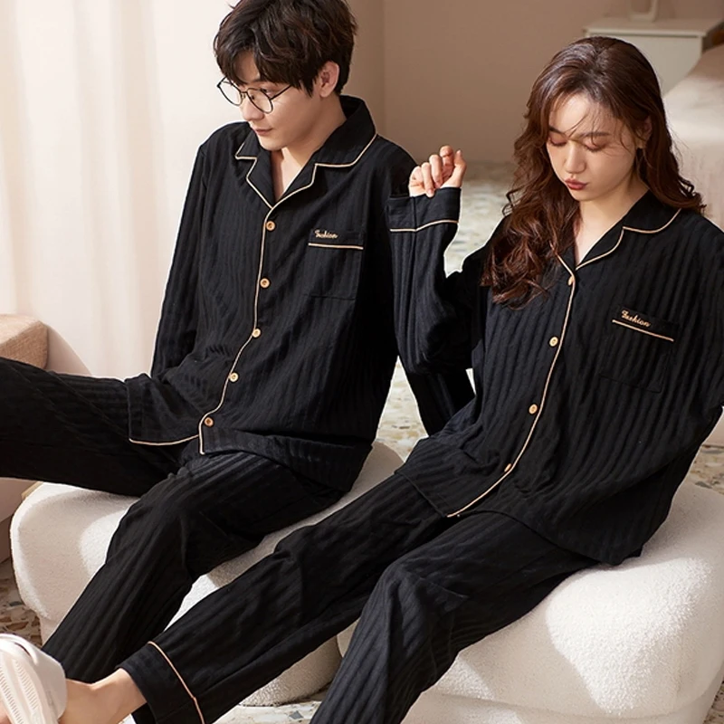 QUHENG Solid Color Sleepwear Cotton Pajamas Couple Set Long Buttons-Down Pyjamas Suit Pijama Women Men Loungewear Plus Size Set