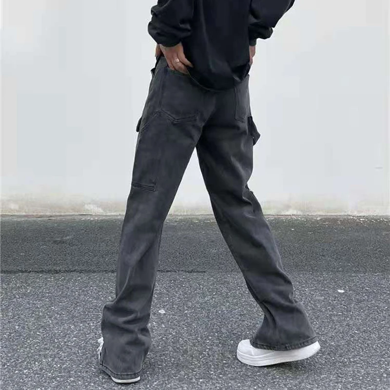 Jeans Trousers Men and Women Vibe Style Ripped Casual Denim Pants Loose Oversize Harajuku Retro Multi-pockets Anke Button Washed