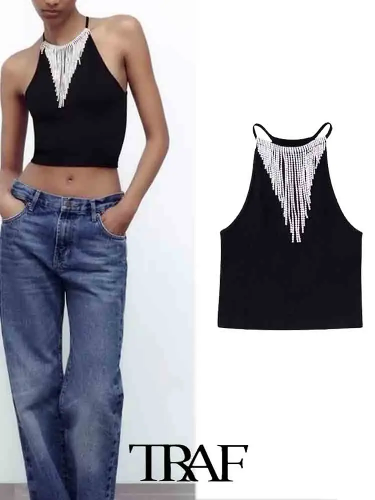 

Женский топ без рукавов, с бахромой и украшением