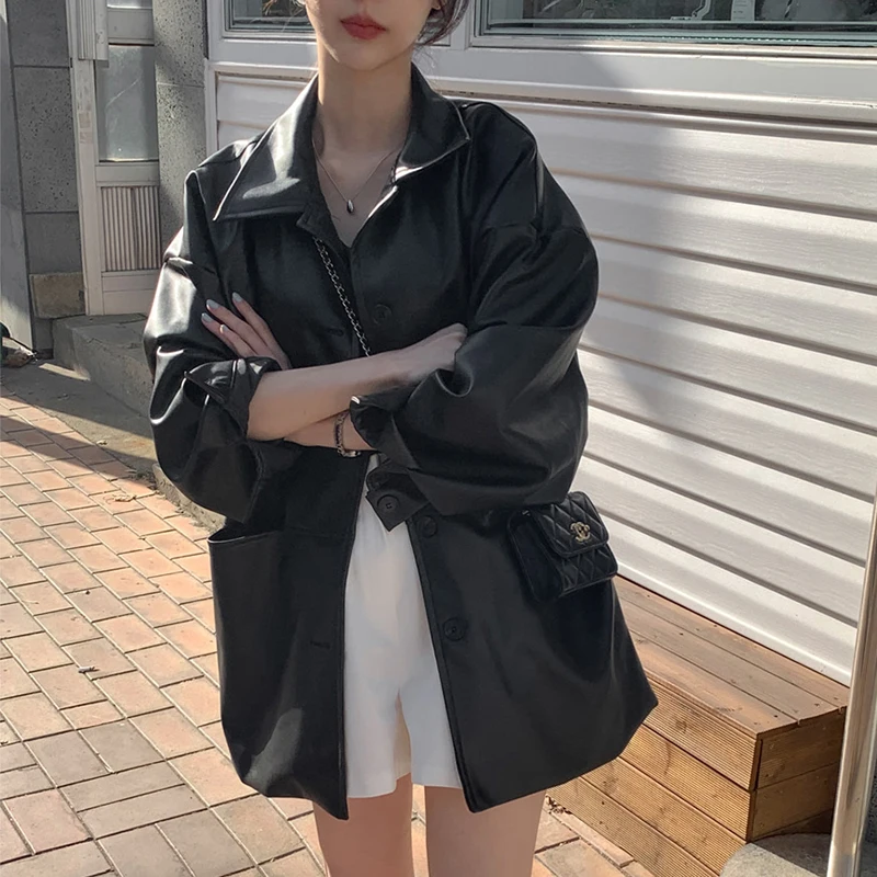 Black Faux Leather Shirt Jacket Women Spring Autumn 2023 New Fashion Single Breasted Casual Loose All-match Leather Coats jacken